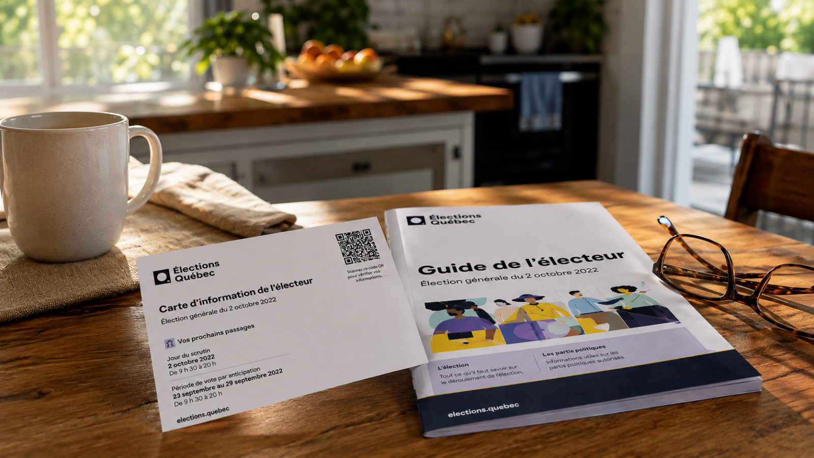 Guide de l'électeur d'Élections Québec imprimé en français avec un code QR visible sur une table en bois.